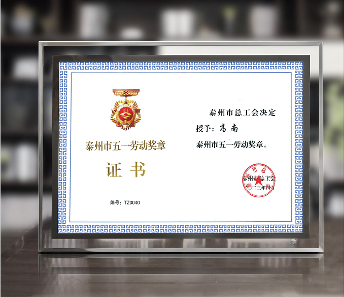 熊猫体育董事长高南先生荣获泰州市“五一”劳动奖章